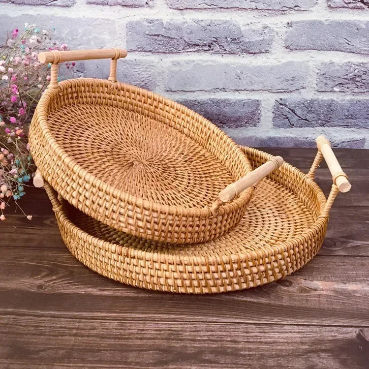 Rattan Storage Tray with Wooden Handles – Handwoven Wicker Basket for Bread, Cake, and Serving Platters