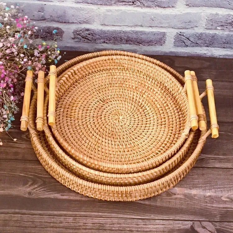 Rattan Storage Tray with Wooden Handles – Handwoven Wicker Basket for Bread, Cake, and Serving Platters