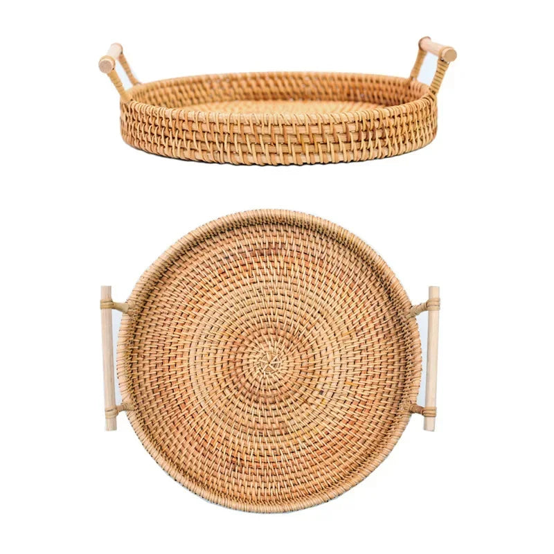 Rattan Storage Tray with Wooden Handles – Handwoven Wicker Basket for Bread, Cake, and Serving Platters