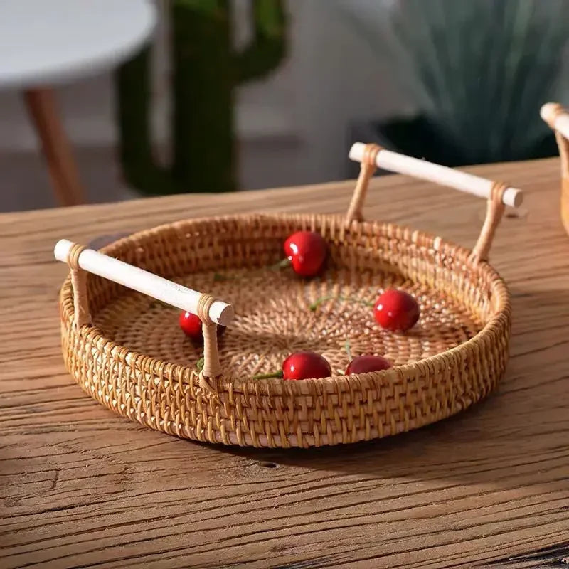 Rattan Storage Tray with Wooden Handles – Handwoven Wicker Basket for Bread, Cake, and Serving Platters