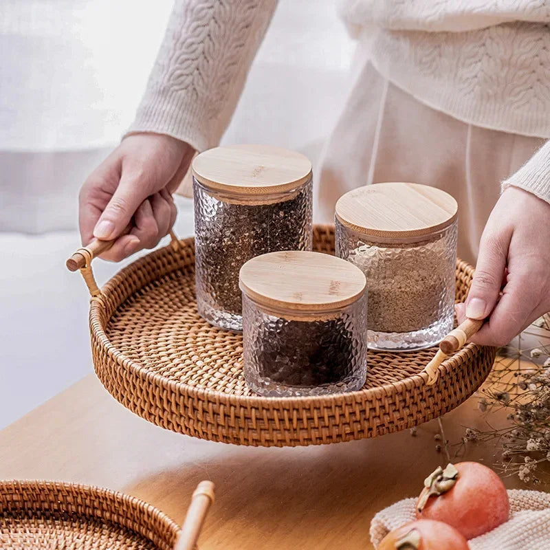 Rattan Storage Tray with Wooden Handles – Handwoven Wicker Basket for Bread, Cake, and Serving Platters