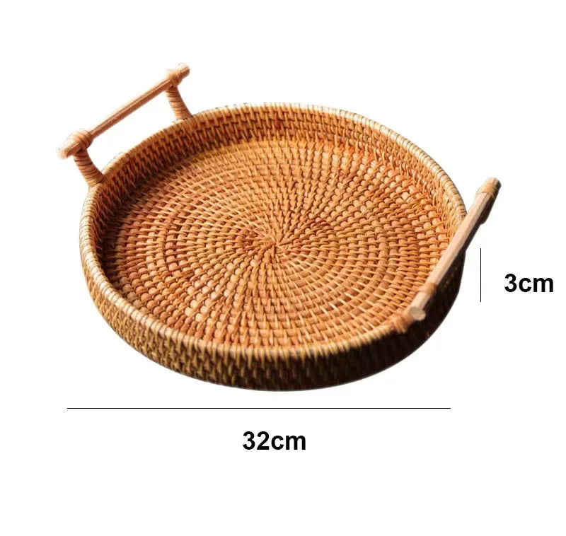 Rattan Storage Tray with Wooden Handles – Handwoven Wicker Basket for Bread, Cake, and Serving Platters