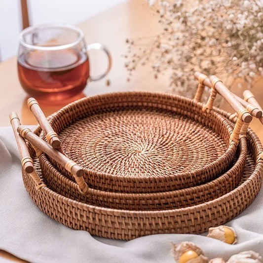 Rattan Storage Tray with Wooden Handles – Handwoven Wicker Basket for Bread, Cake, and Serving Platters